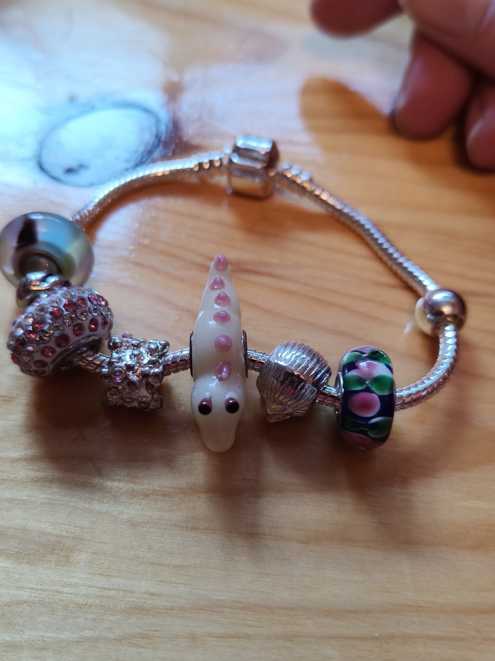 Sterling Silver Charm Bracelet with Pink and Green Glass Beads, Marked 925, Kids